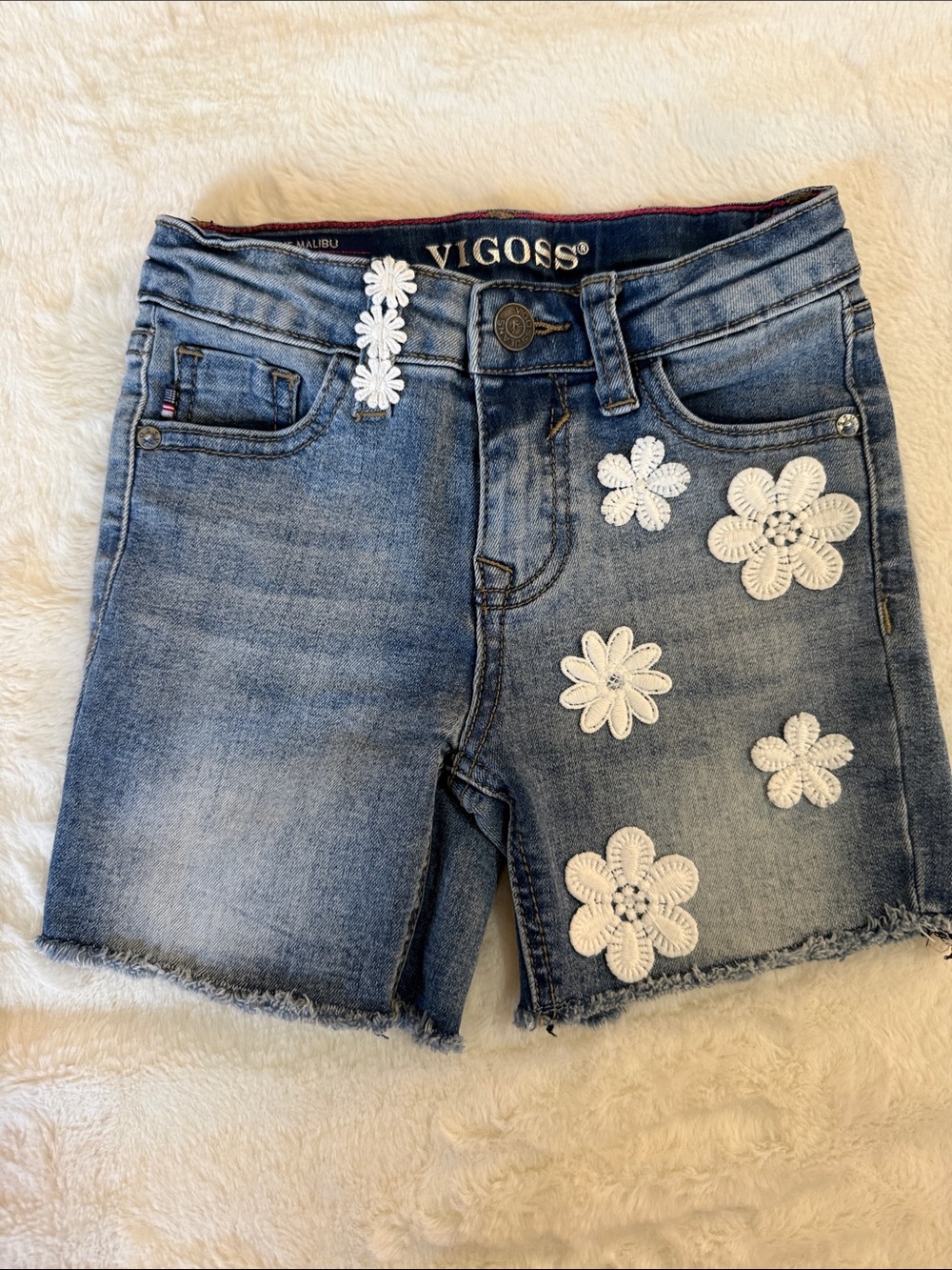 Vigoss Blue Denim Shorts with White Daisy Appliqués